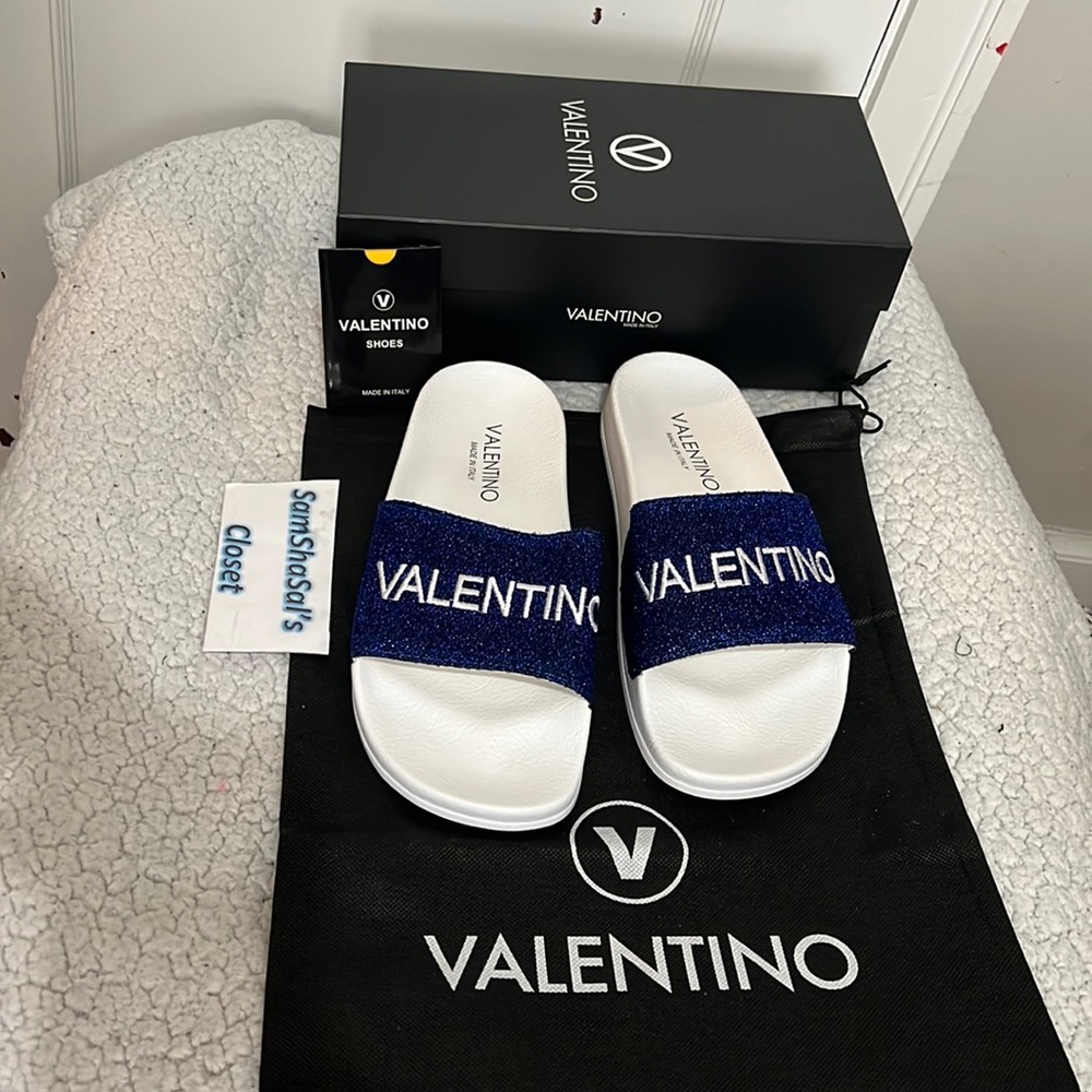 New VALENTINO Solaia Royal Blue Glittery Slides Size 39 / 6UK